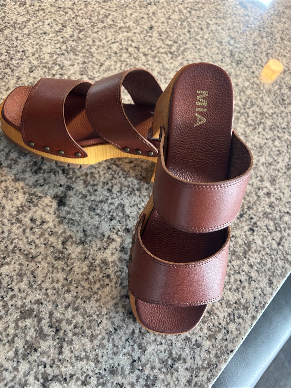 MIA Brown Double Strap Slide Clogs with Wood-Look Platform